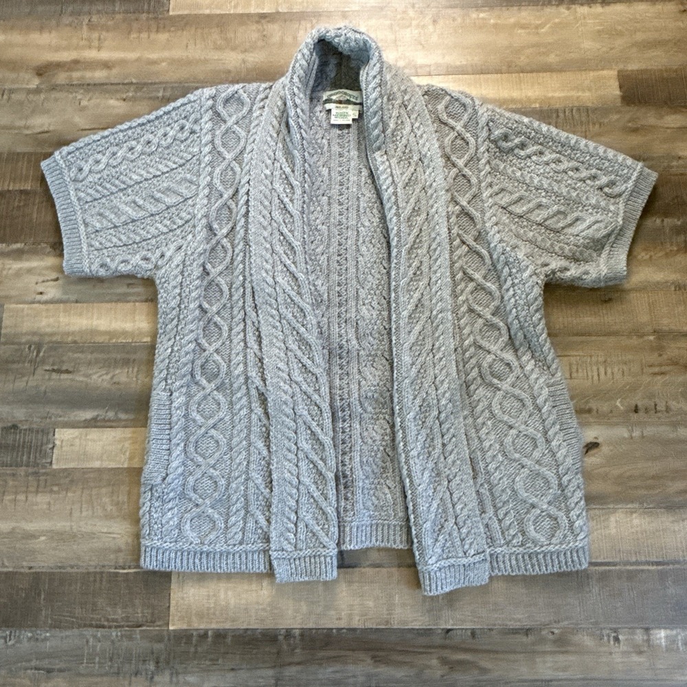 Aran Short Sleeve Edge 100% Merino Wool Cardigan Sz S Irish Fisherman Chunky